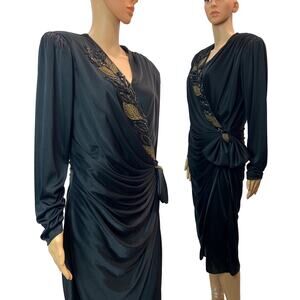 Vintage 80s Black Wrap Cocktail Dress Dynasty Era Sequin Bow | VTG 14